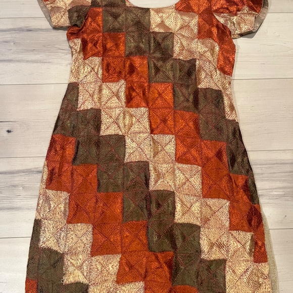 Women’s Indian 3 Piece Burn Orange, Green and Cream Silk Top & Pants w Matching - Picture 7 of 11